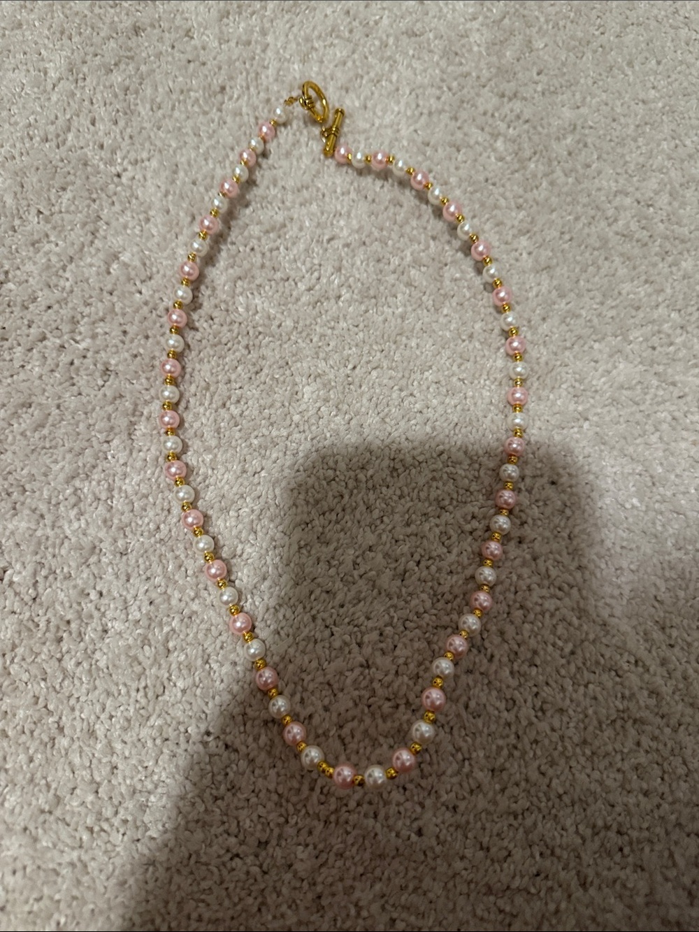 HANDMADE Pearl Beaded Necklace in Pink and White with Gold Accents